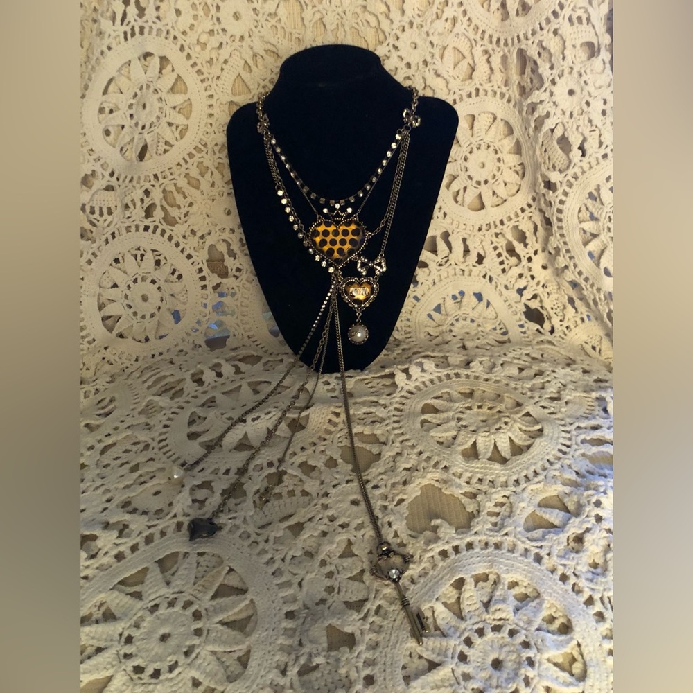 Vintage Rare Betsey Johnson Cheetah Hearts & More Necklace